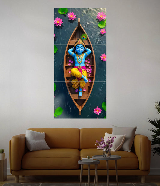 Bal Krishna on Lotus Boat – Devotional Split Poster in Living Room - Everanta