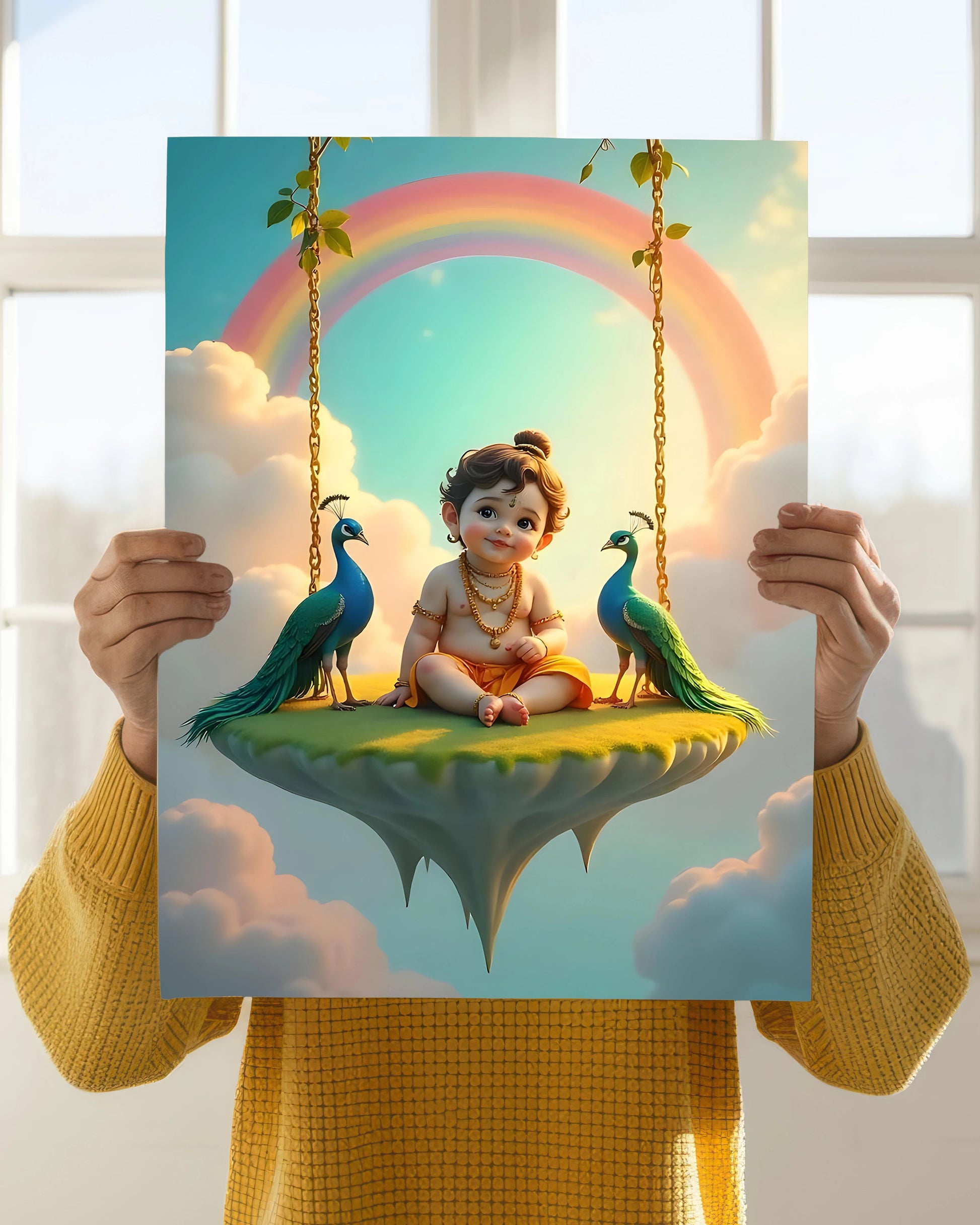 Bal Krishna on Swing – Devotional Wall Poster Holding Image - Everanta