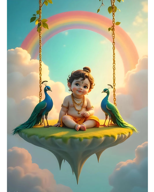 Bal Krishna on Swing – Devotional Wall Poster Main Image - Everanta