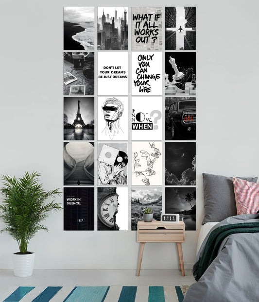 Black & White Aesthetic Poster Set – 20 Minimal Wall Collage Prints - Everanta