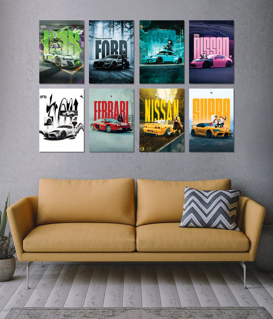 Cars x Anime Fusion – 8-Piece Wall Poster Set - Everanta