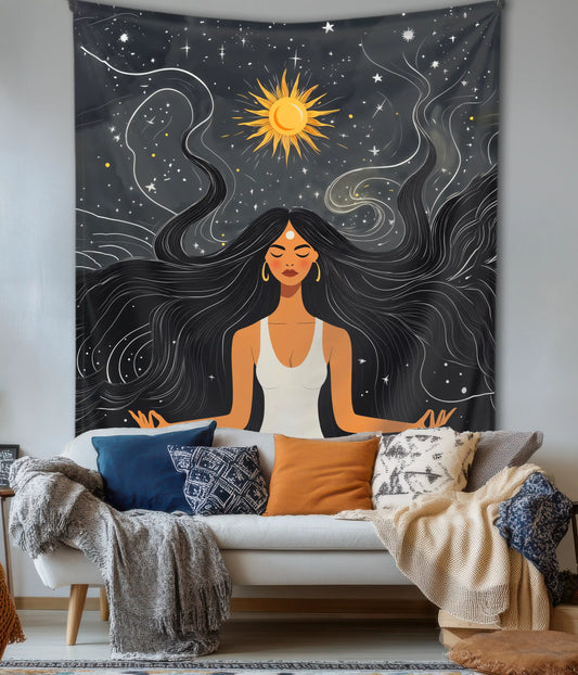 Celestial Calm – Divine Meditation Wall Tapestry in Living Room - Everanta
