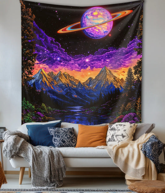 Cosmic Saturn Dreamscape | Trippy Wall Tapestry in Living Room - Everanta