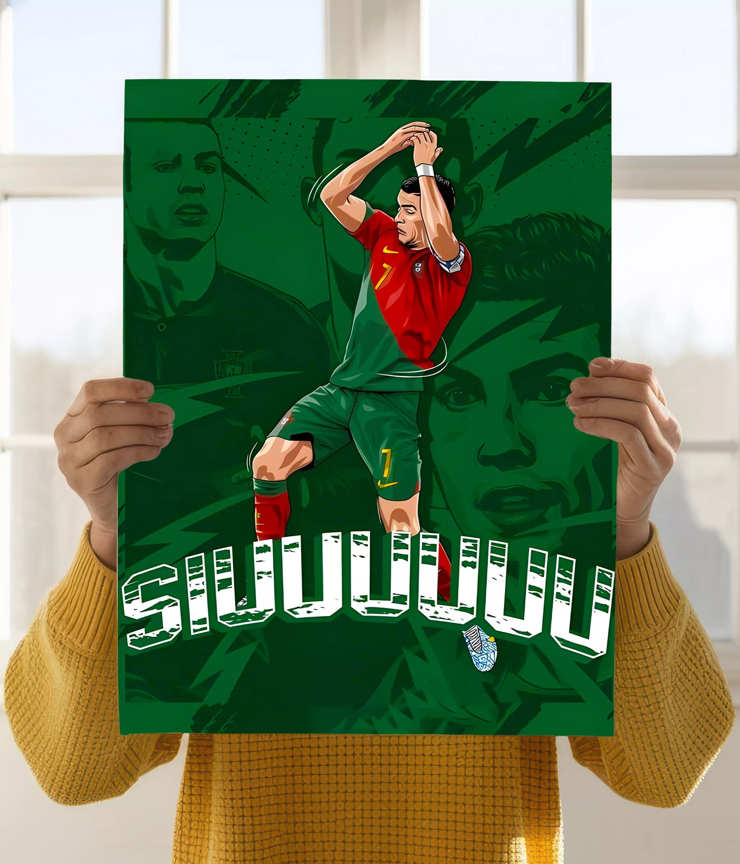 Cristiano Ronaldo “Siuuuu” Celebration – Sports Wall Poster Holding Image - Everanta