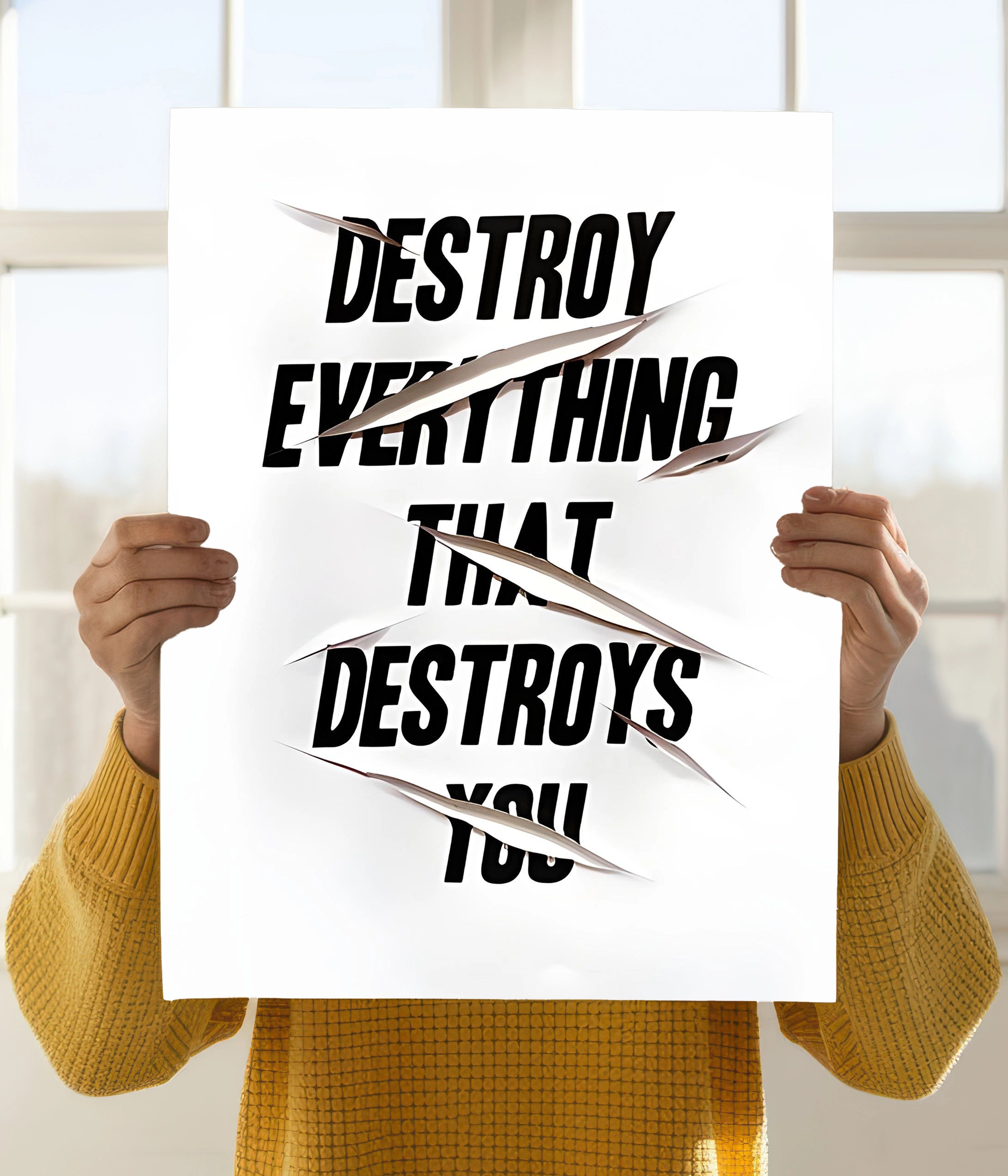 Destroy_HDestroy Everything That Destroys You – Motivational Quote Poster Holding Image - Everanta