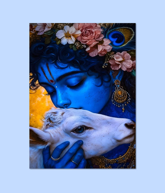 Divine Bond – Lord Krishna Hugging a Calf Spiritual Poster Main Image - Everanta