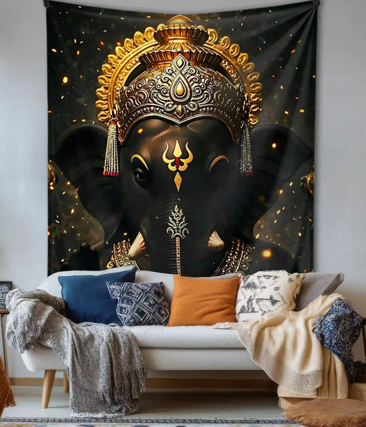 Divine Ganesha Black & Gold Wall Tapestry - Everanta