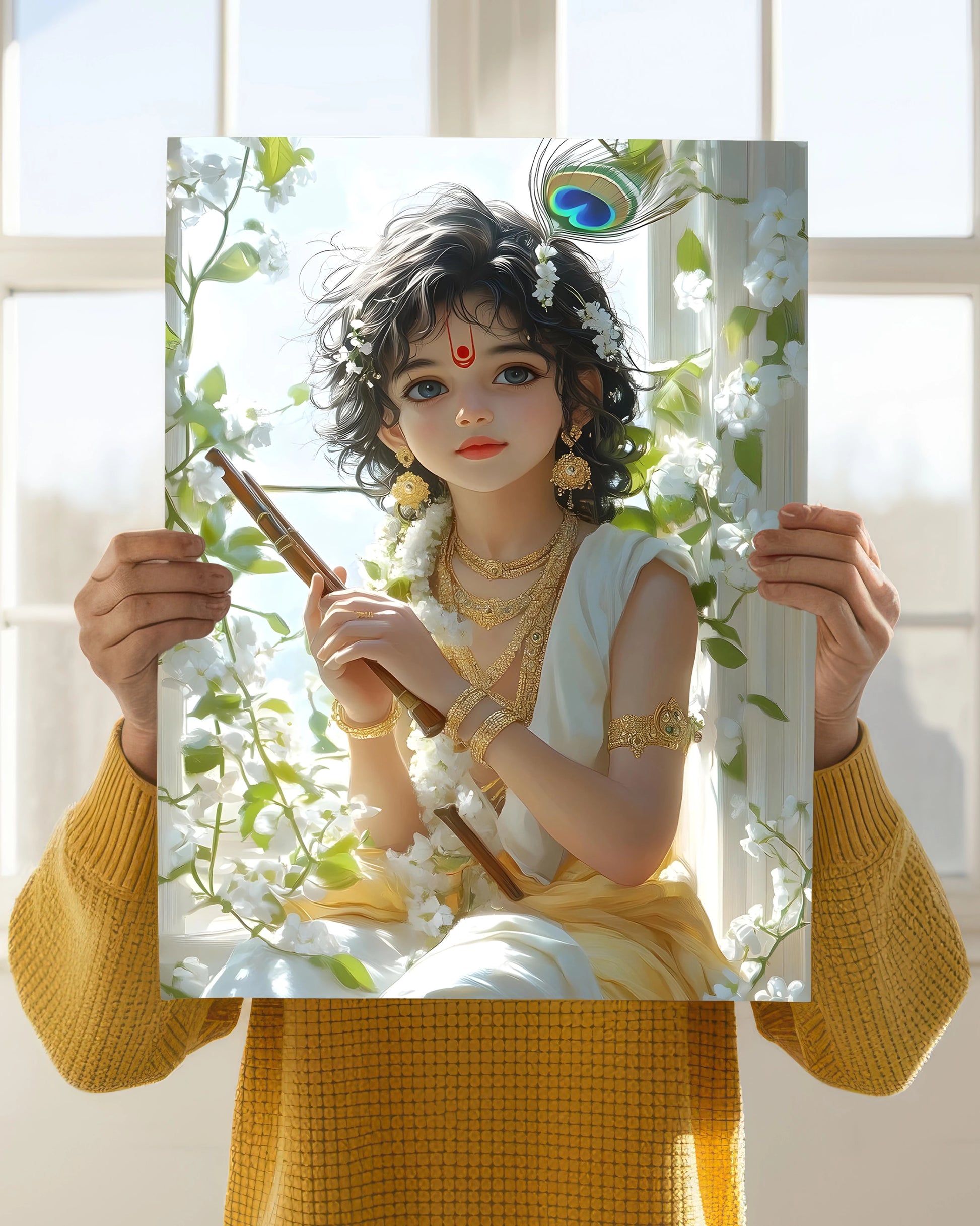 Divine Grace – Lord Krishna with Flute Wall Poster Holding image - Everanta