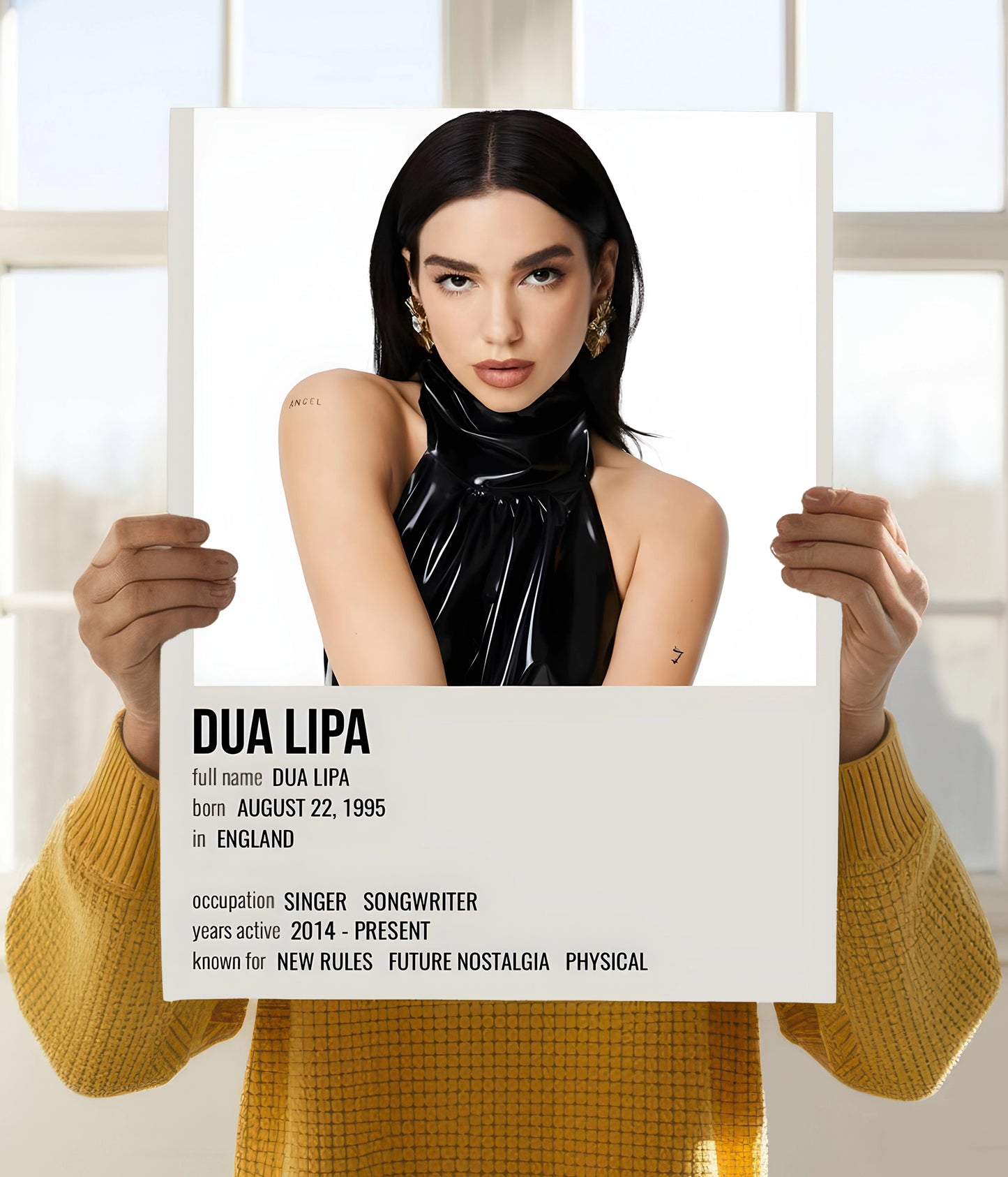 Dua Lipa in Vibe Mode – Music & Bandit Art Wall Poster Holding Image - Everanta