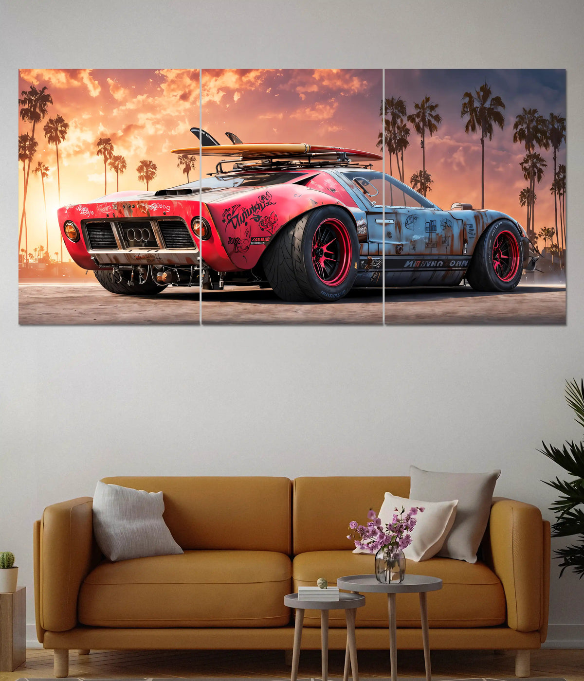 Retro Surf Car Sunset Split Poster