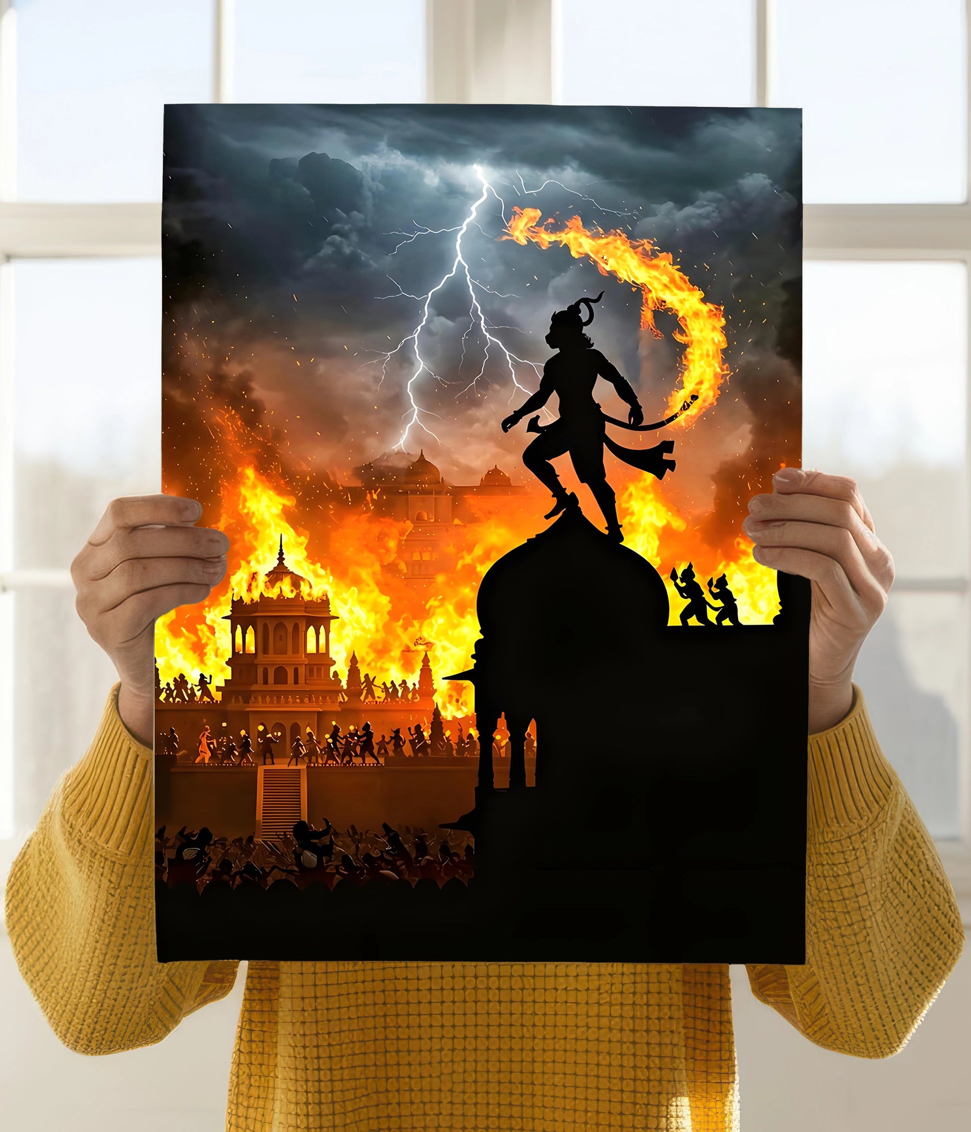 Hanuman Ji Burns Lanka – Ramayana Wall Poster Holding Image - Everanta