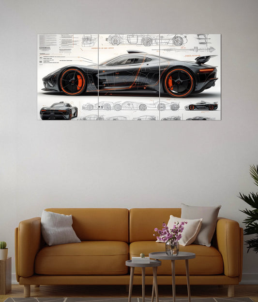Hypercar Blueprint – Cars Split Poster Set in Gaming Room - Everanta