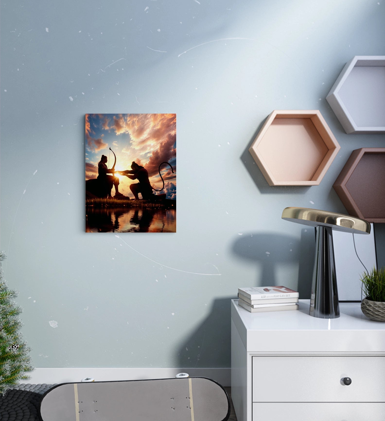 Lord Hanuman and Ram in Divine Light Metal Poster in Living Room