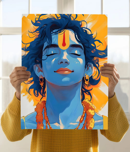 Lord Krishna Smiling in Silence - Divine Poster Holding Image  Everanta