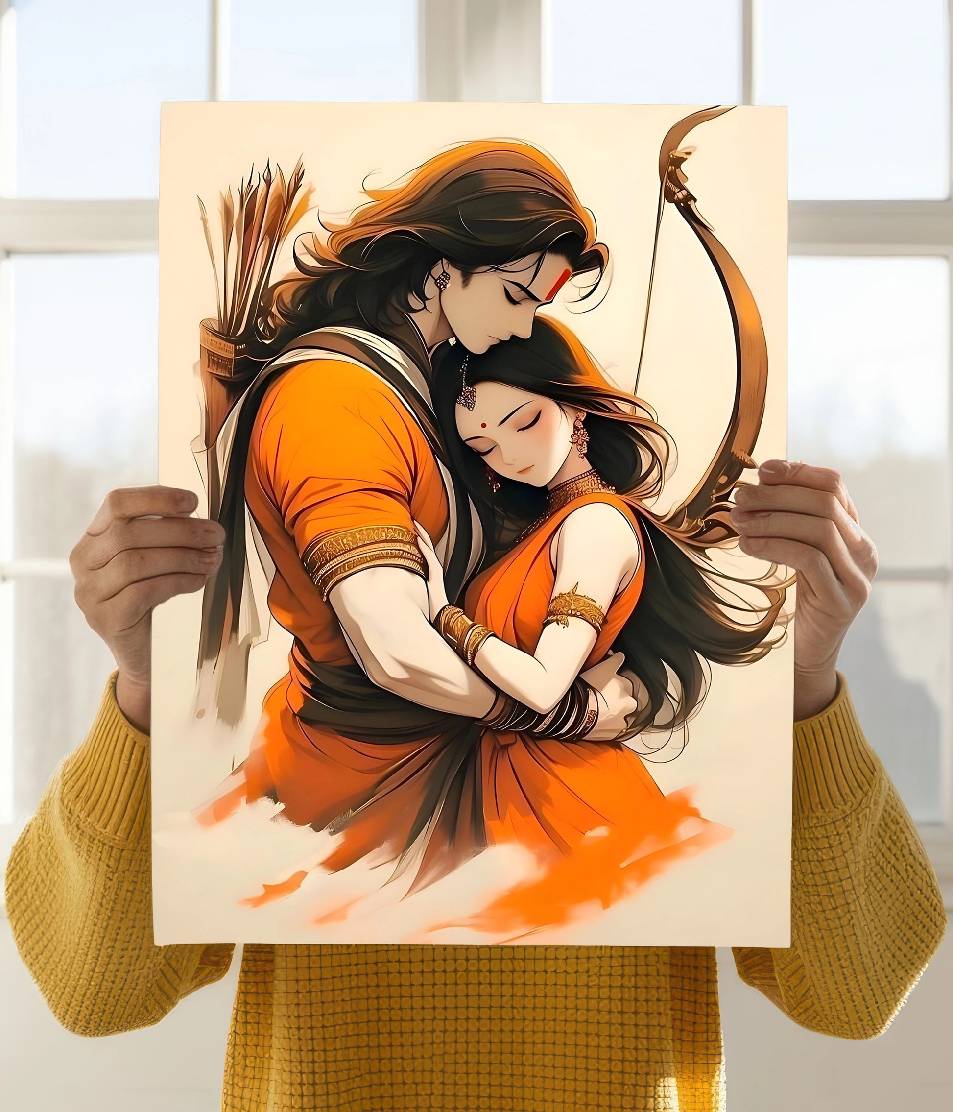 Lord Ram and Sita Hug – Eternal Love & Devotion Poster Holding Image - Everanta