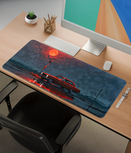 Red Car Under Blood Moon Desk Mat – Aesthetic Gaming Pad Side View - Everanta