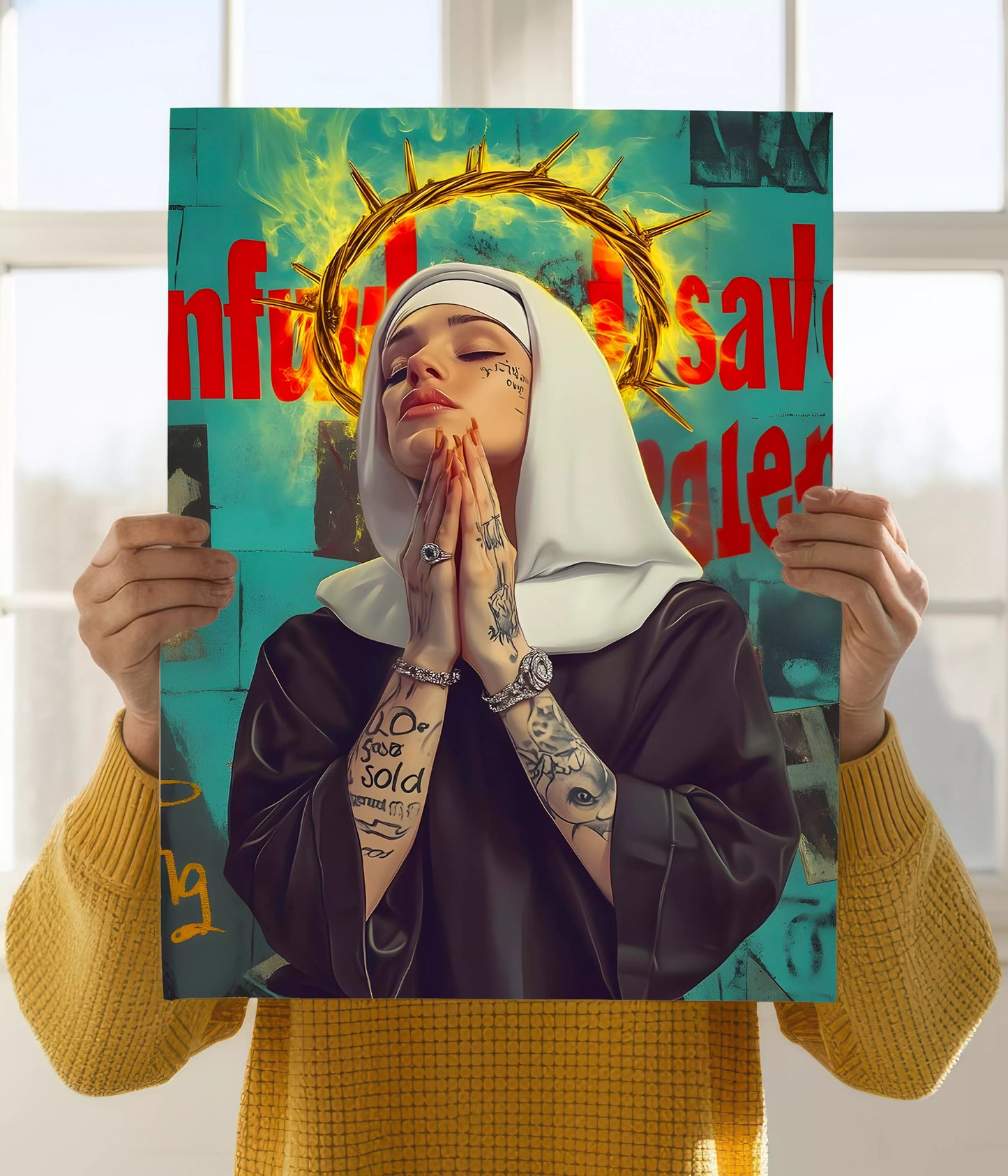Saint in Ink – Modern Nun Aesthetic Poster Holding Image - Everanta