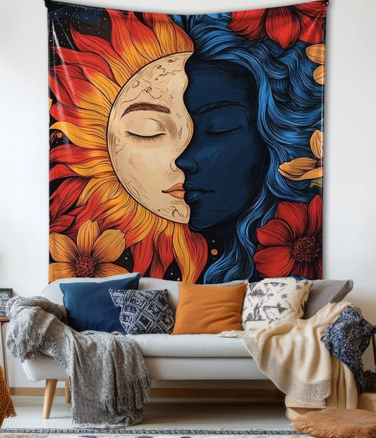 Sun & Moon Harmony Aesthetic Wall Tapestry in Living Room - Everanta