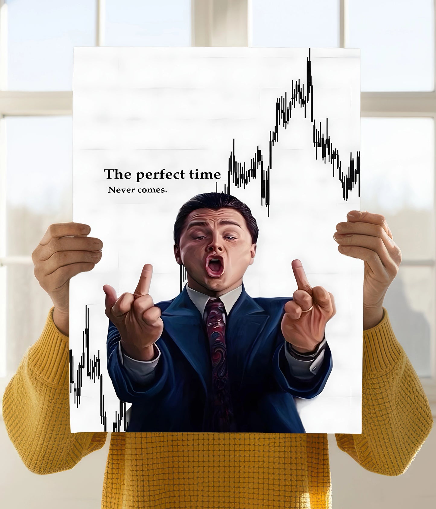 The Perfect Time Never Comes – Wolf of Wall Street Poster Holding Image - Everanta