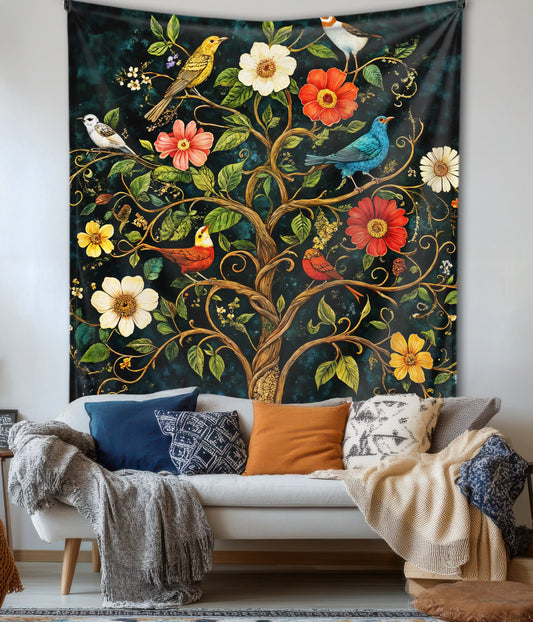 Tree of Life Garden Birds Aesthetic Wall Tapestry in Living Room - Everanta