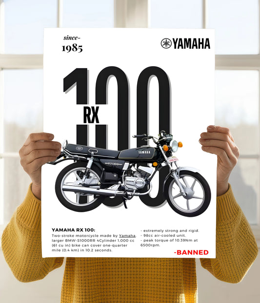 Yamaha RX100 – Classic Legend Bike Wall Poster Holding Image - Everanta