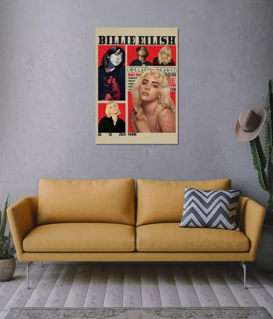 Billie Eilish collage wall poster above a sofa