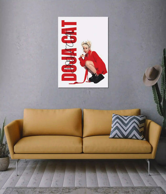 Doja Cat red and white wall poster displayed above a sofa - Everanta