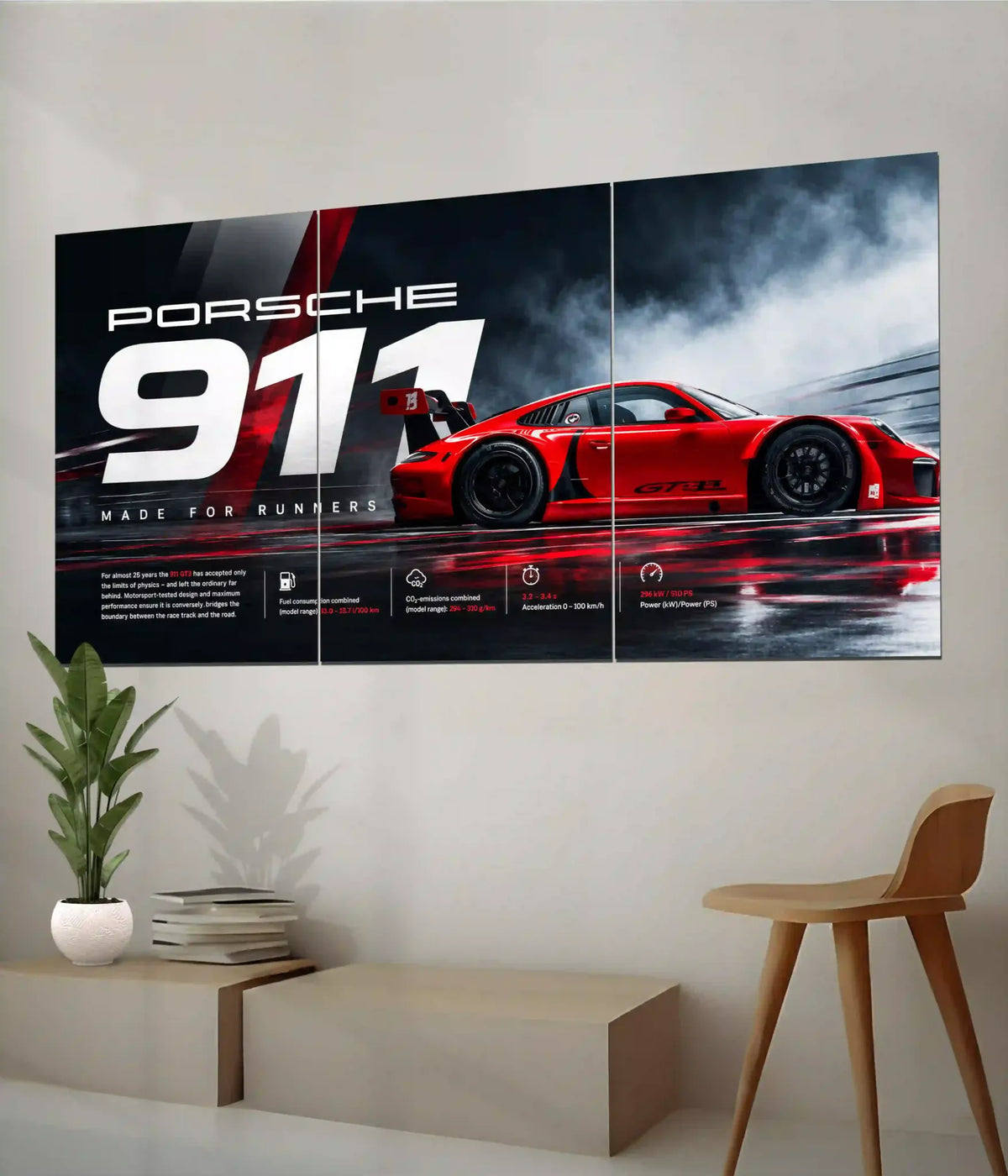 Porsche 911 Redline three-panel split poster displayed on a living room wall