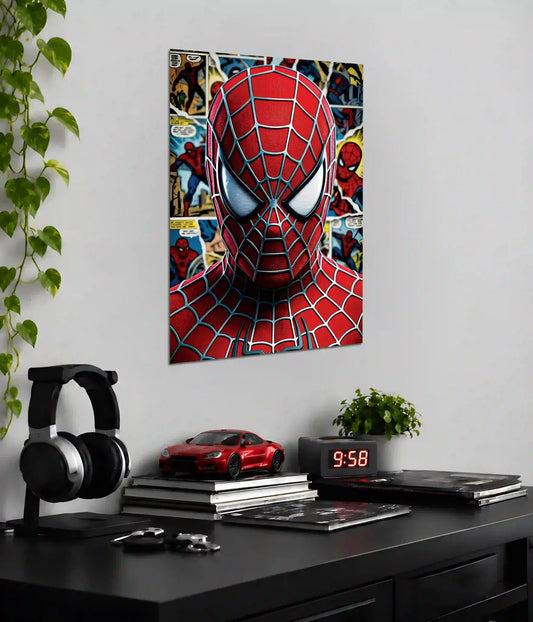 Spider-Man Classic Mask Comic Collage wall poster displayed above a desk - Everanta