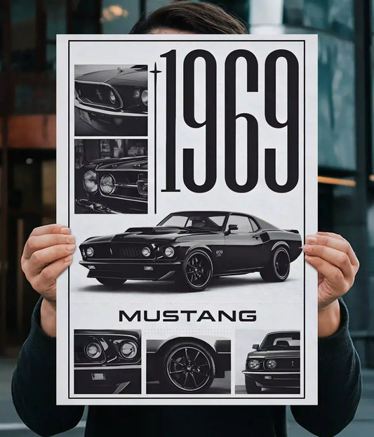 1969 Ford Mustang black and white collage wall poster held for display - Everanta