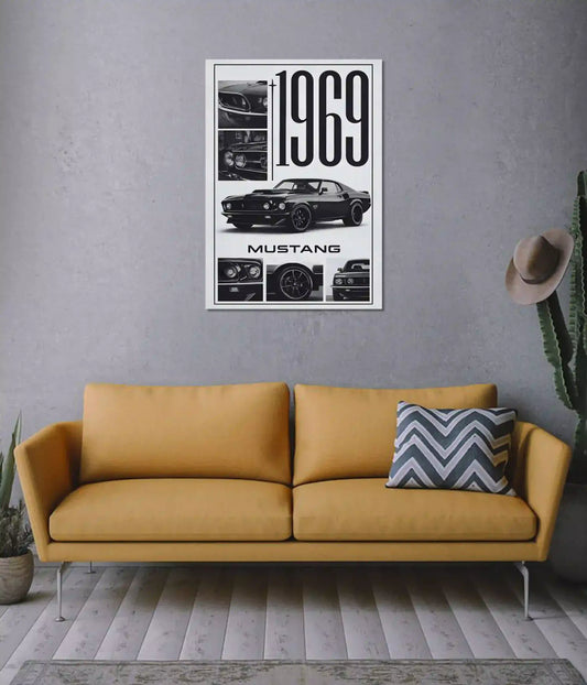1969 Ford Mustang monochrome wall poster displayed above a sofa