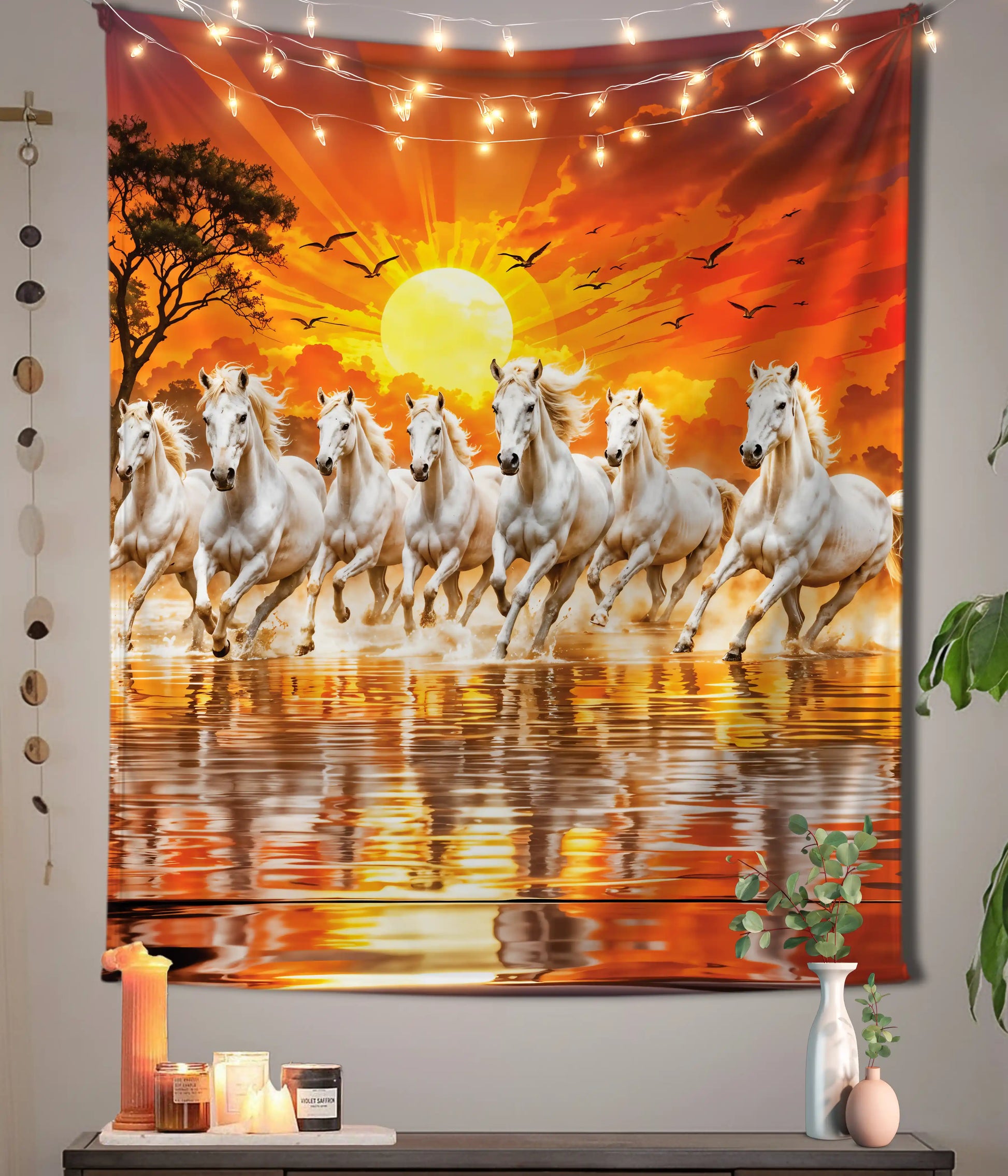 7 Running White Horses Sunrise Wall Tapestry Main Image - Everanta