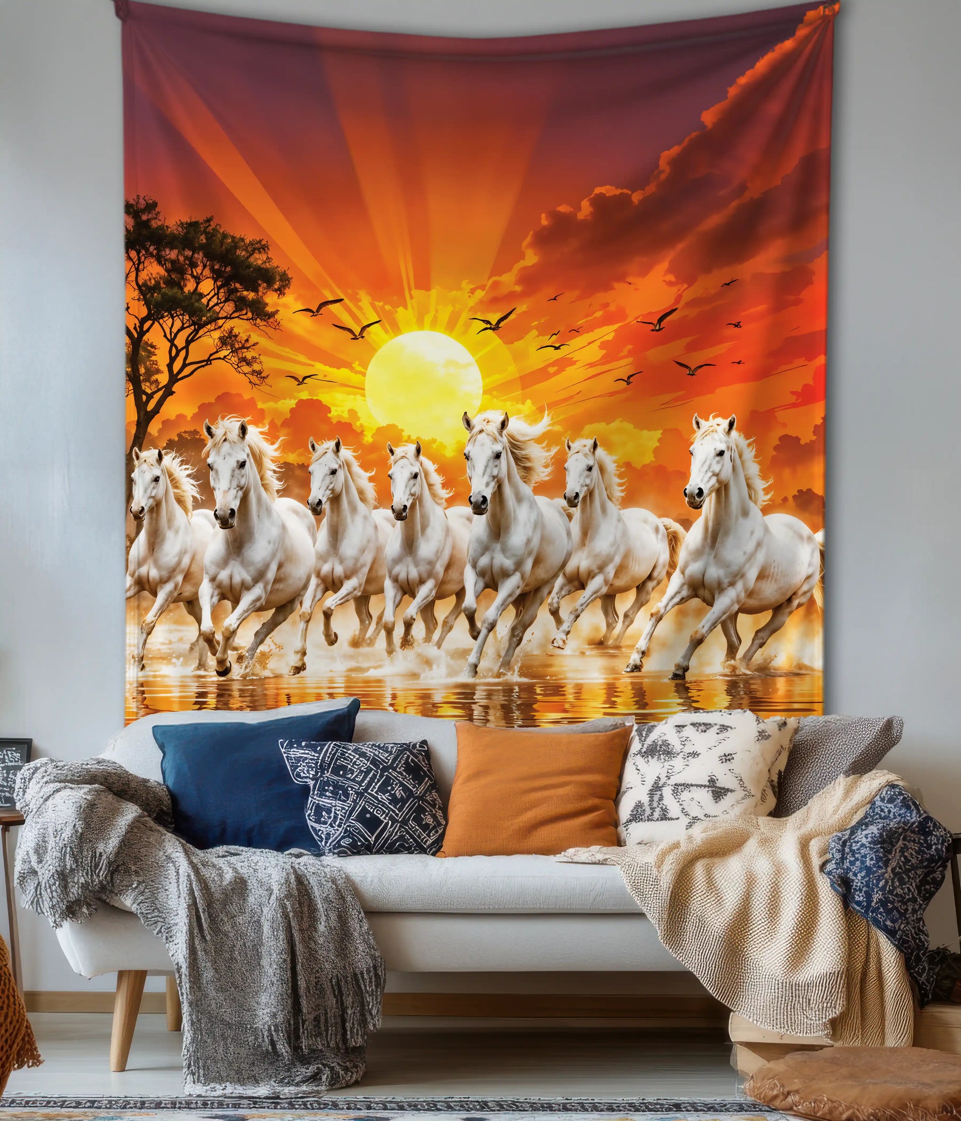 7 Running White Horses Sunrise Wall Tapestry on Wall - Everanta