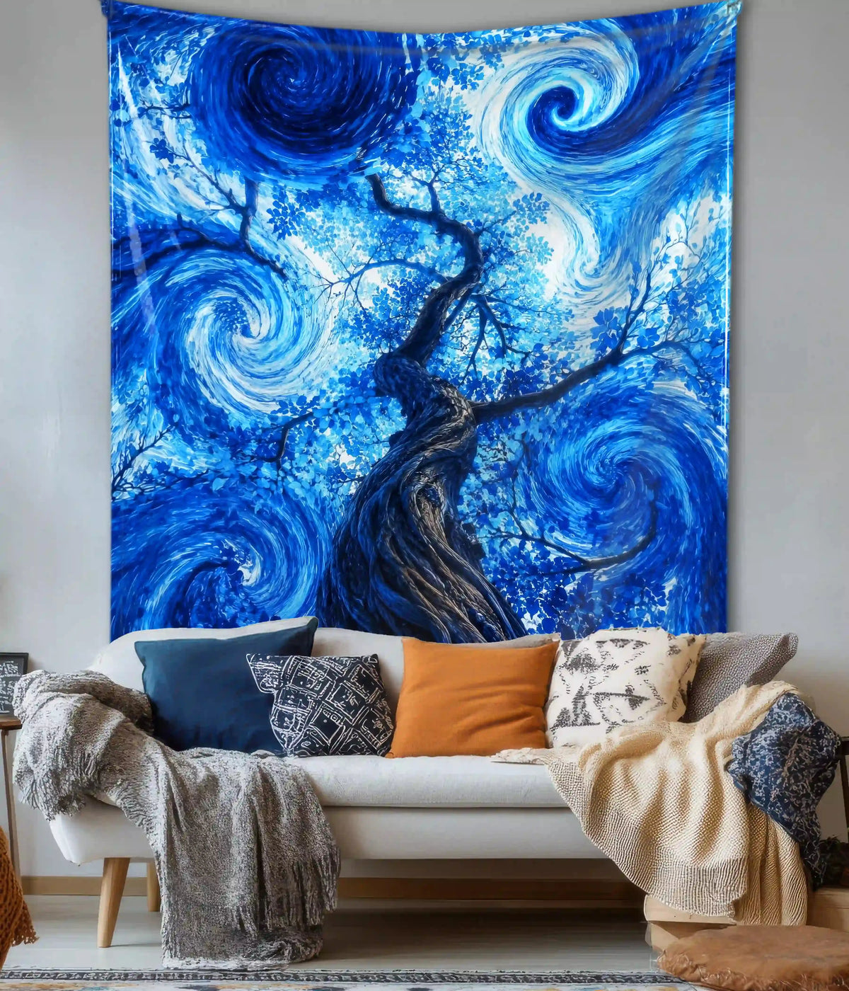 Blue Starry Tree Dreamscape - Celestial Wall Tapestry - Everanta