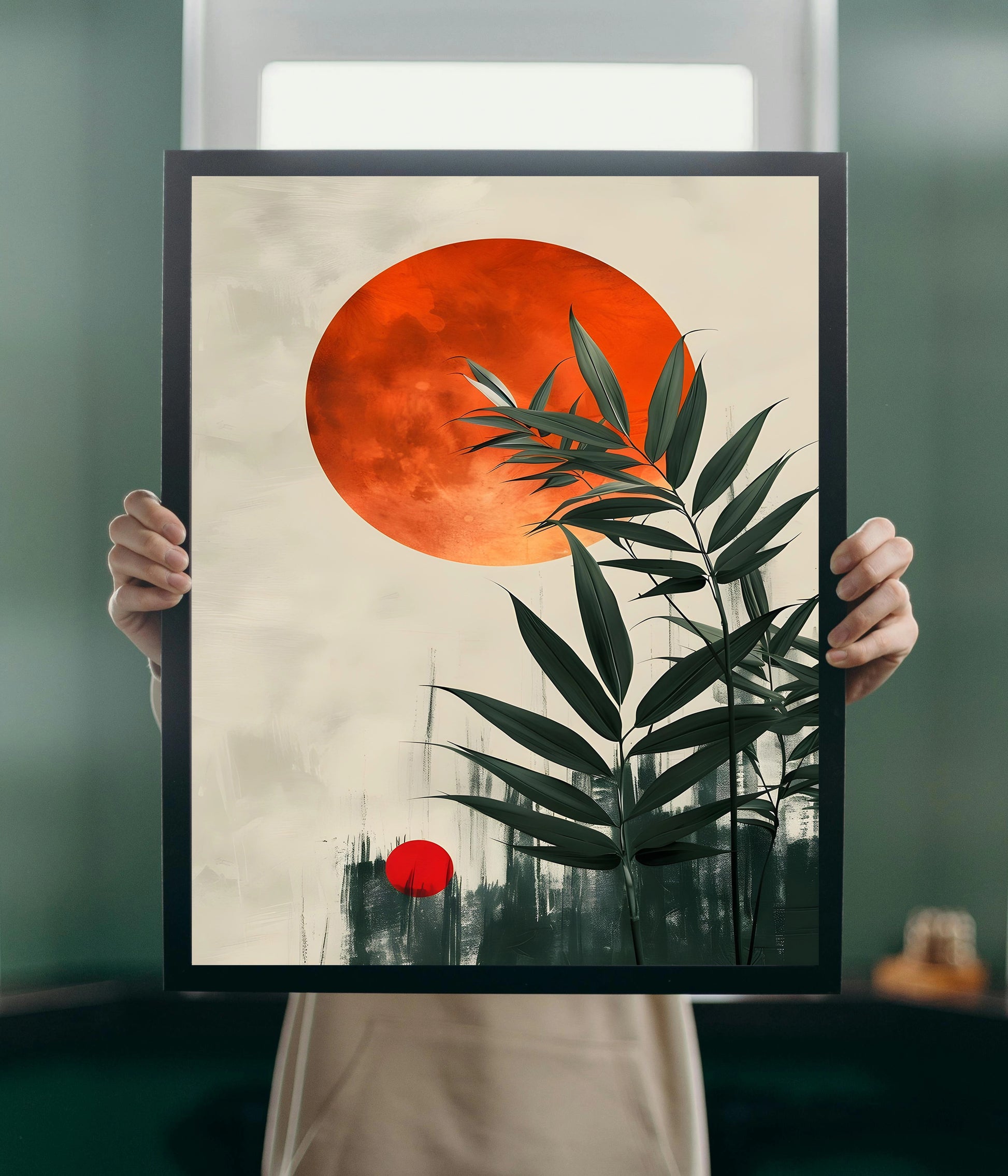 Boho Botanical Abstract Neutral Tones Poster Black Frame Holding Image - Everanta