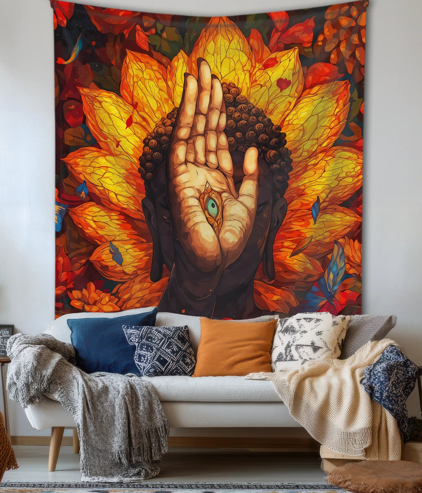 Buddha’s Hand of Awakening Wall Tapestry in Living Room - Everanta