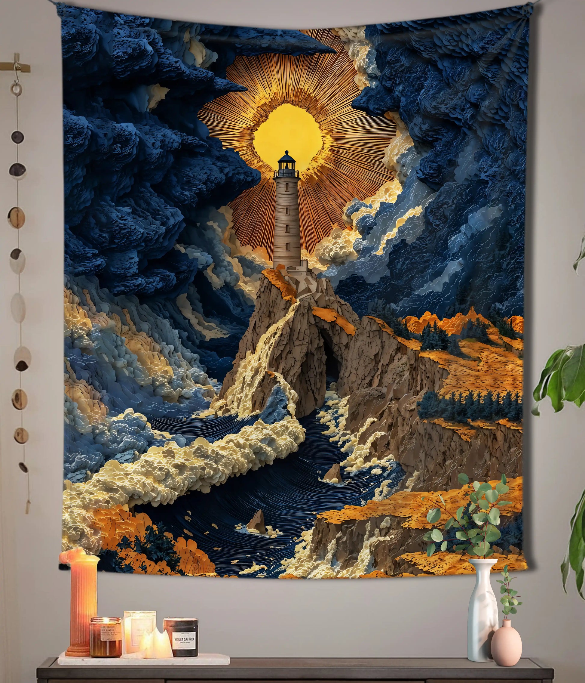 Celestial Lighthouse Landscape Wall Tapestry Main Image - Everanta