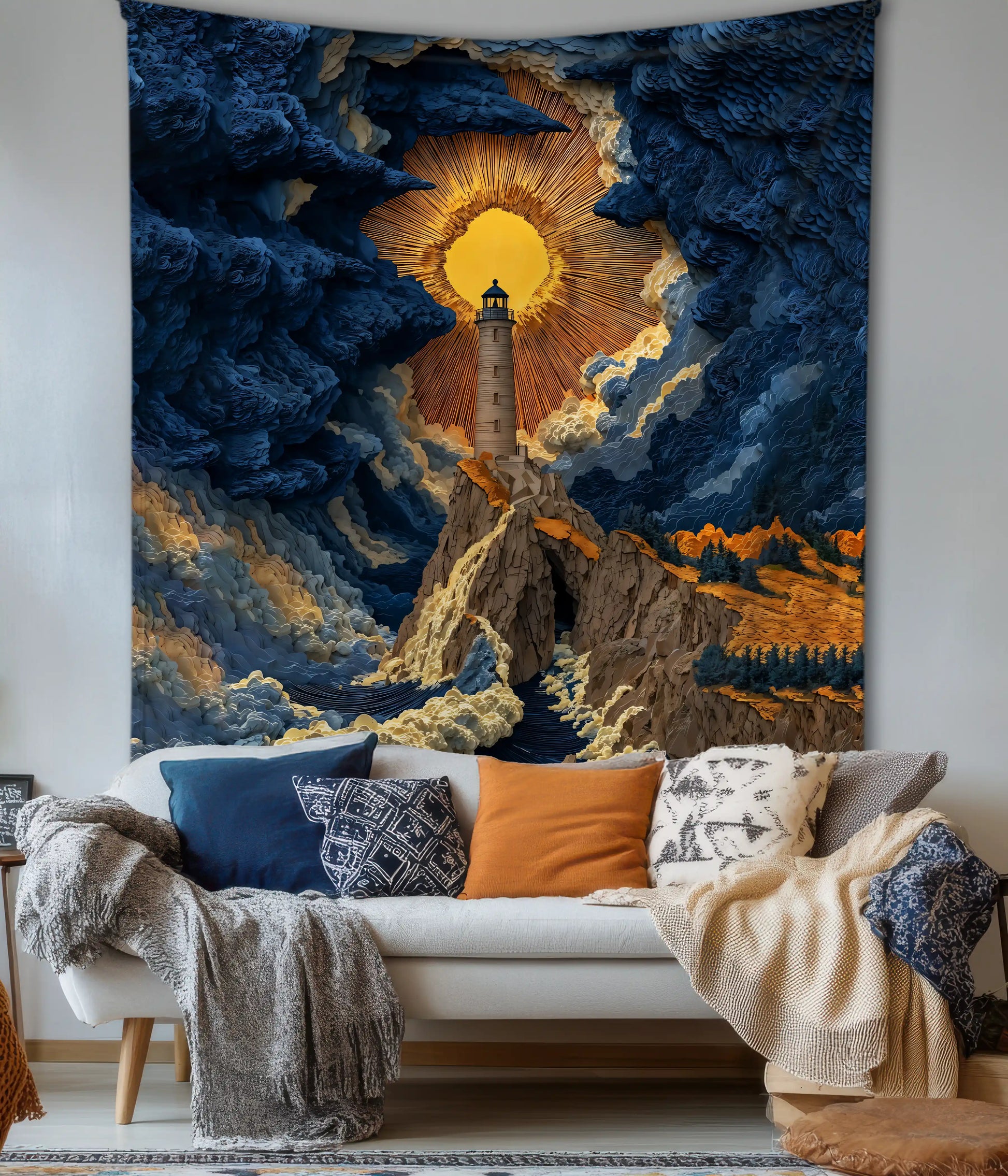 Celestial Lighthouse Landscape Wall Tapestry in Living Room - Everanta