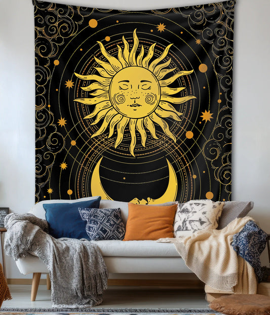 Celestial Sun & Moon Cosmic Balance Wall Tapestry in Living Room - Everanta