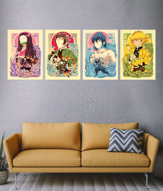 Demon Slayer Elements 4-Piece Poster Set in Living Room - Everanta