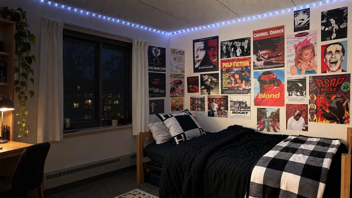 Dorm room decorated with aesthetic wall posters