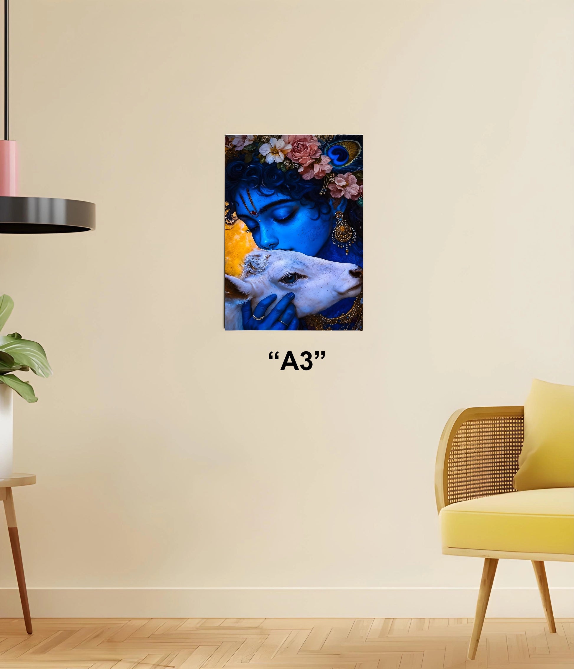 Divine Bond – Lord Krishna Hugging a Calf Spiritual Poster A3 Size - Everanta