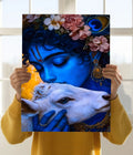 Divine Bond – Lord Krishna Hugging a Calf Spiritual Poster