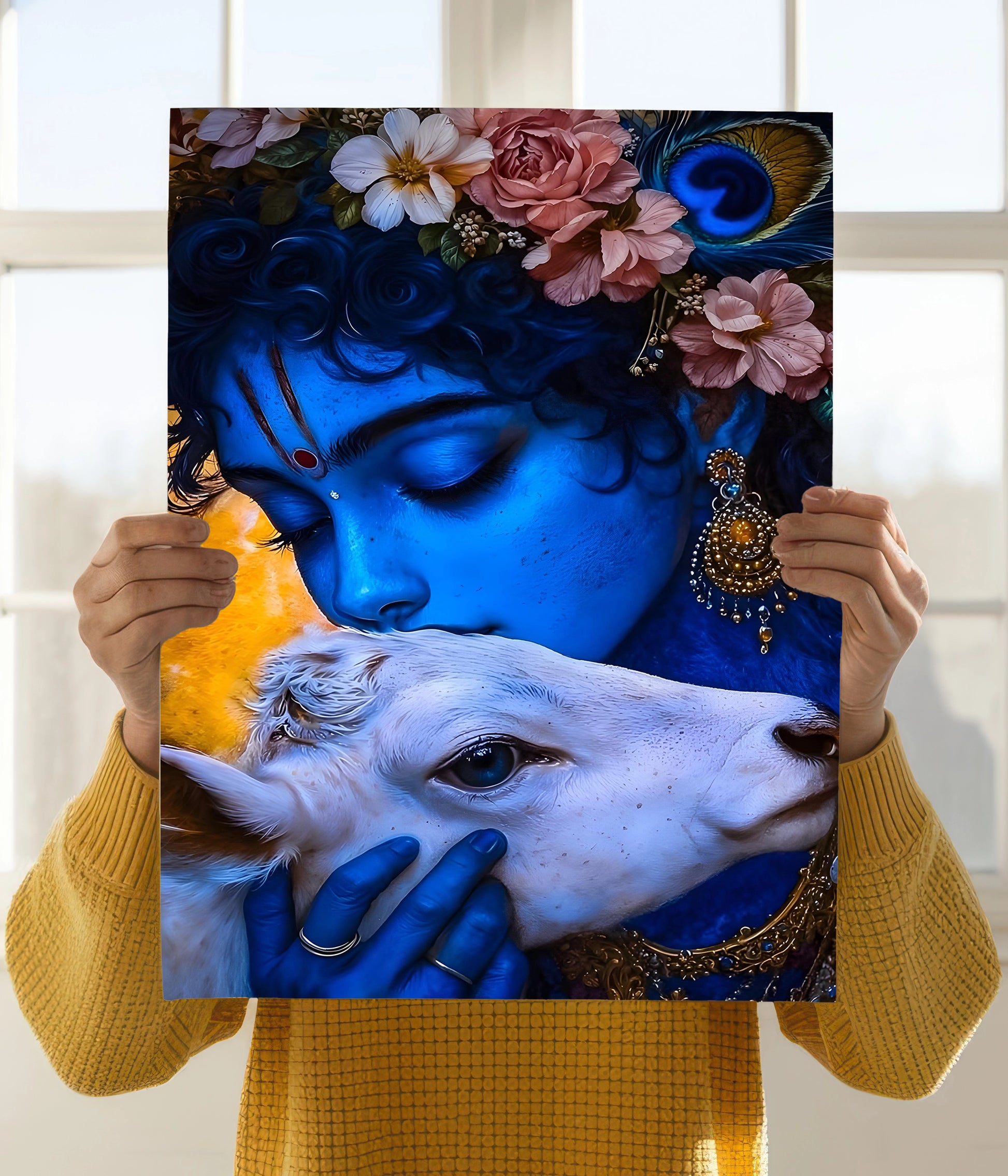 Divine Bond – Lord Krishna Hugging a Calf Spiritual Poster Holding Image - Everanta