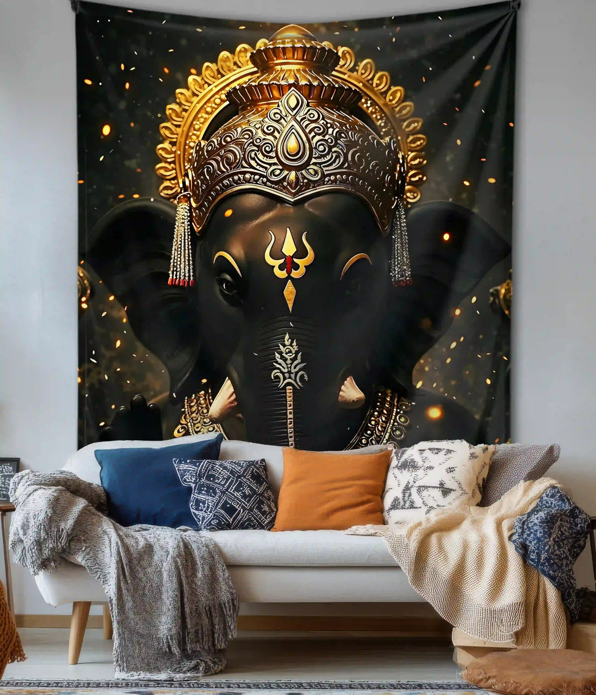 Divine Ganesha Black & Gold Wall Tapestry - Everanta