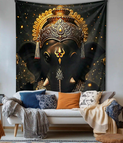 Divine Ganesha Black & Gold Wall Tapestry - Everanta