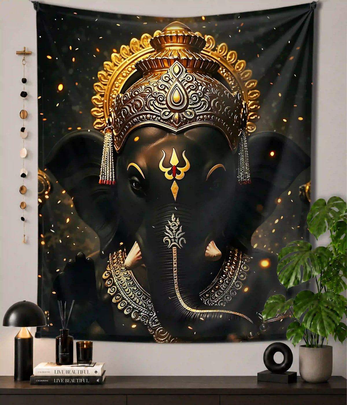 Divine Ganesha Black & Gold Wall Tapestry Main Image - Everanta