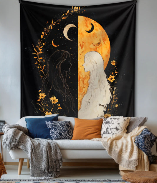 Eclipse of Souls – Sun & Moon Duality Wall Tapestry in Living Room - Everanta