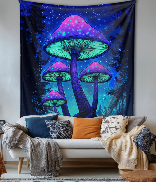 Glow Mushroom Psychedelic Forest Wall Tapestry in Living Room - Everanta