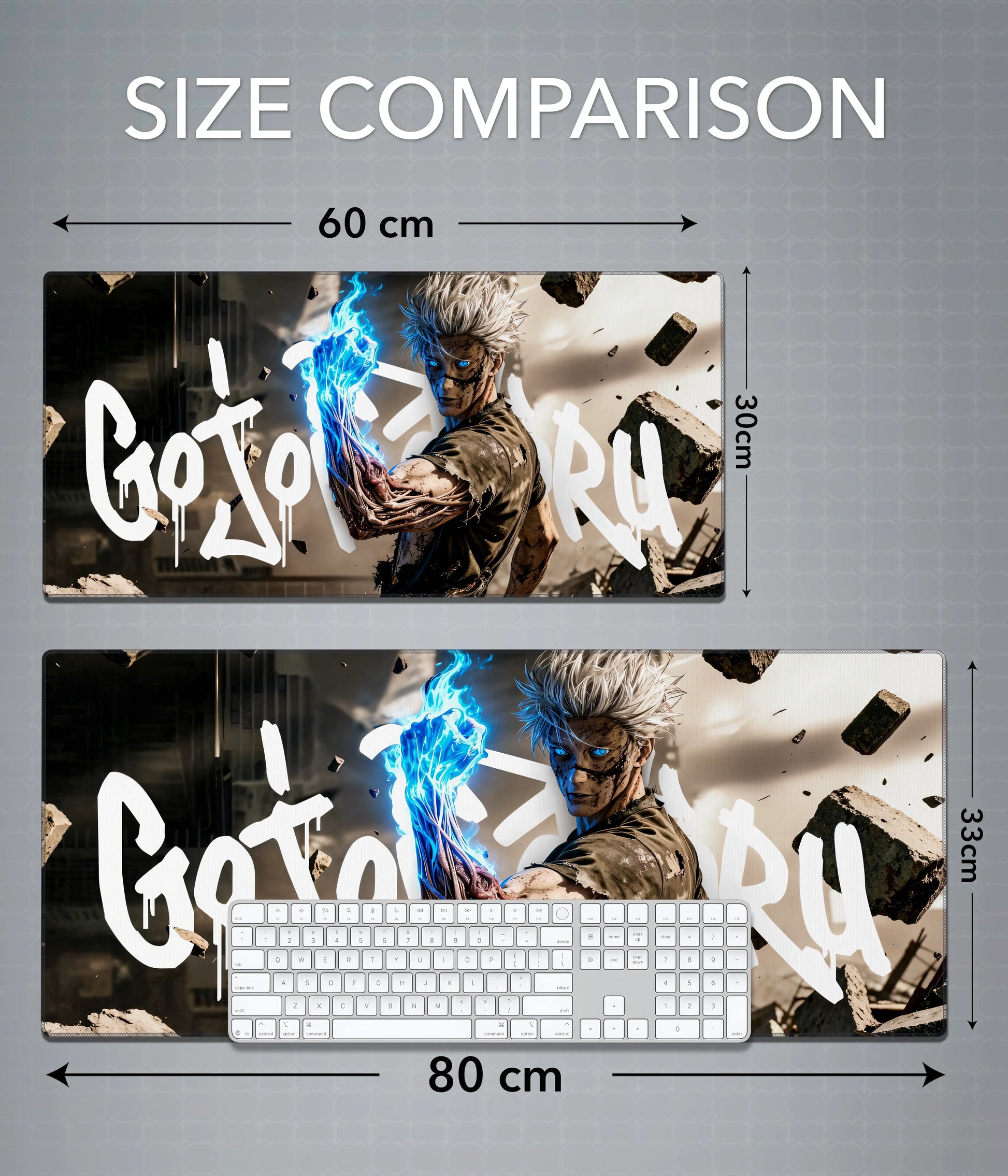 Gojo Satoru Desk Mat – Anime Extended Gaming Pad Size Comparison - Everanta